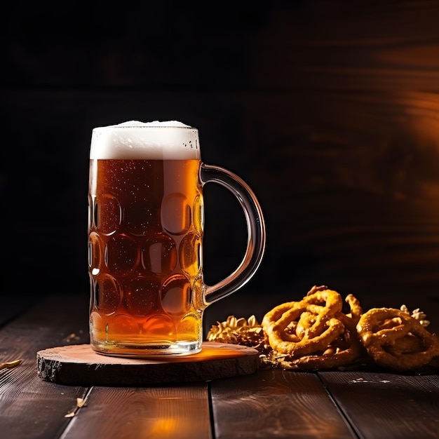 Bier in einem Bierbecher auf einem Holztisch mit einem Biersnack