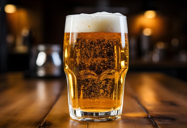 Bier in einem Glas auf einem Holztisch in einem Pub oder Restaurant