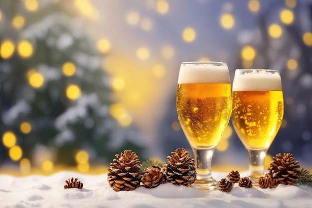 Bier in Gläsern mit Weihnachtsdekoration auf einem Holzhintergrund, der den selektiven Fokus stärkt