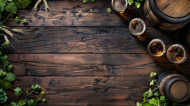 Bier in Gläsern und Fass auf Holzgrund Top-Ansicht mit Kopierplatz