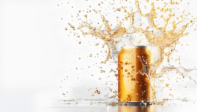Foto bier-metall-golddose mit bier-splash, isoliert auf weißem hintergrund