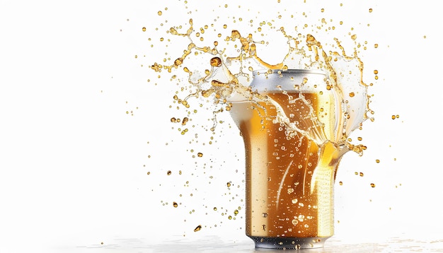 Foto bier-metall-golddose mit bier-splash, isoliert auf weißem hintergrund