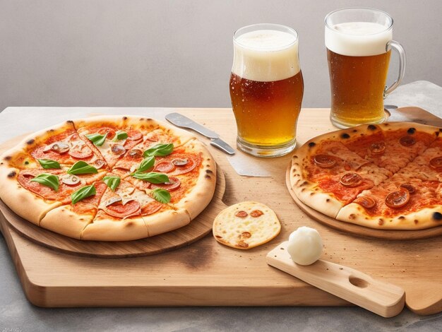 Bier und hausgemachte Pizza auf einem Holztisch