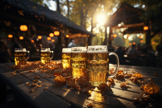 Foto bierbecher auf dem tisch und leute, die auf der party bier trinken, im hintergrund generative ki