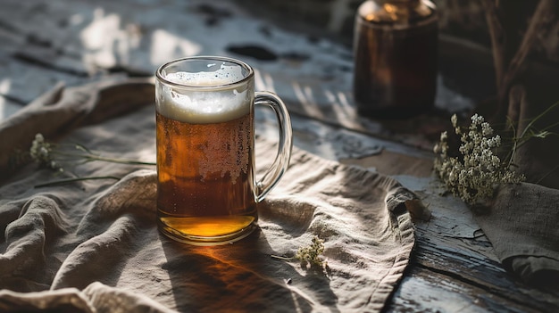 Bierbecher auf einem rustikalen Holztisch