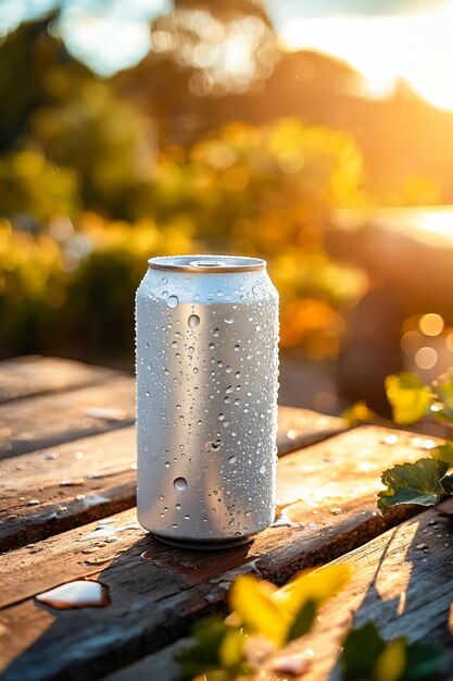 Bierdose auf einem Holztisch