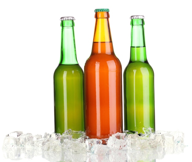 Bierflaschen im Eis getrennt auf Weiß
