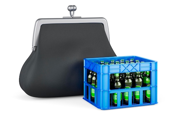 Bierflaschen in der Kiste mit Geldbeutelmünze 3D-Darstellung