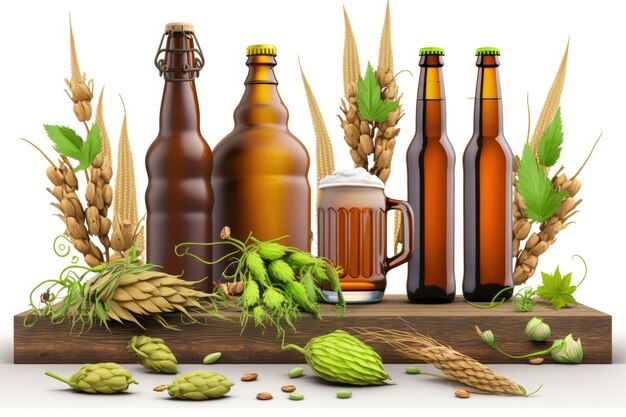 Bierflaschen, Weizenstiele und Hopfen, die auf einem Holztisch wachsen
