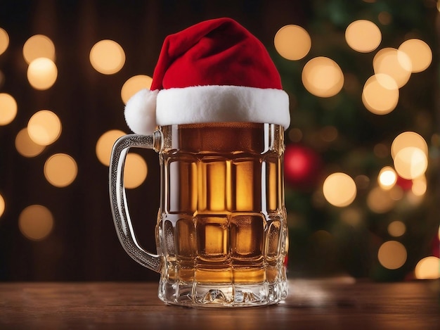 Bierglas mit Weihnachtsmütze auf Holztisch mit Weihnachtsbaum und Lichtern im Hintergrund