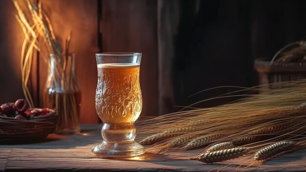 Foto bierglas und weizengewürz auf einem alten rustikalen holztisch ai erzeugt