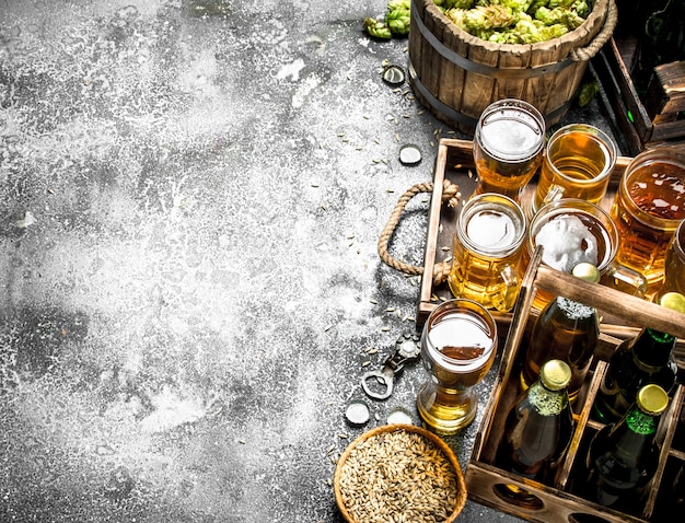 Bierhintergrund. Frisches Bier mit Zutaten auf rustikalem Tisch.