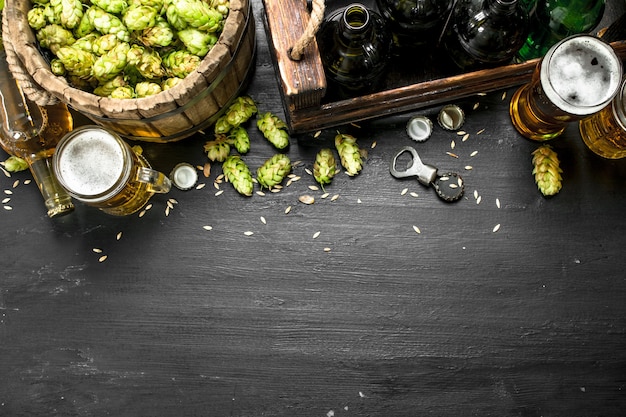 Bierhintergrund. Frisches Bier und Zutaten. Auf der schwarzen Tafel.