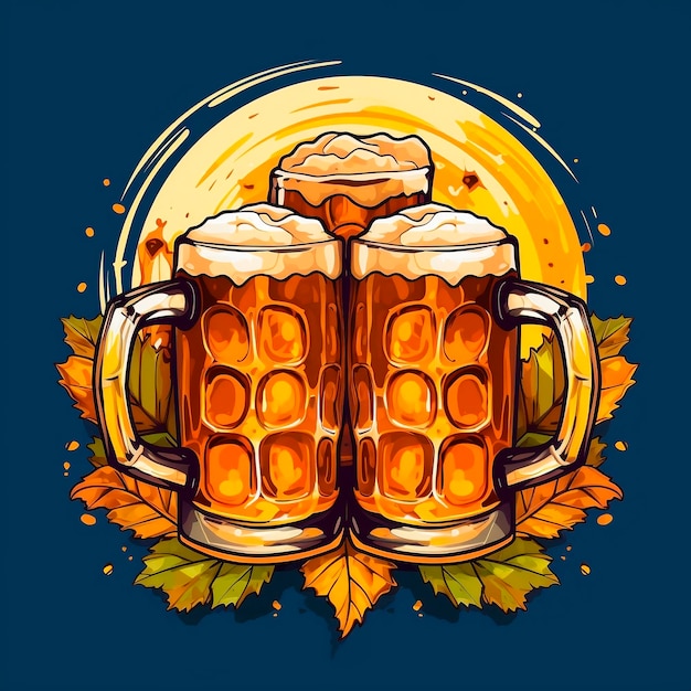 Bierkrüge mit Herbstblättern und Mondvektorillustration