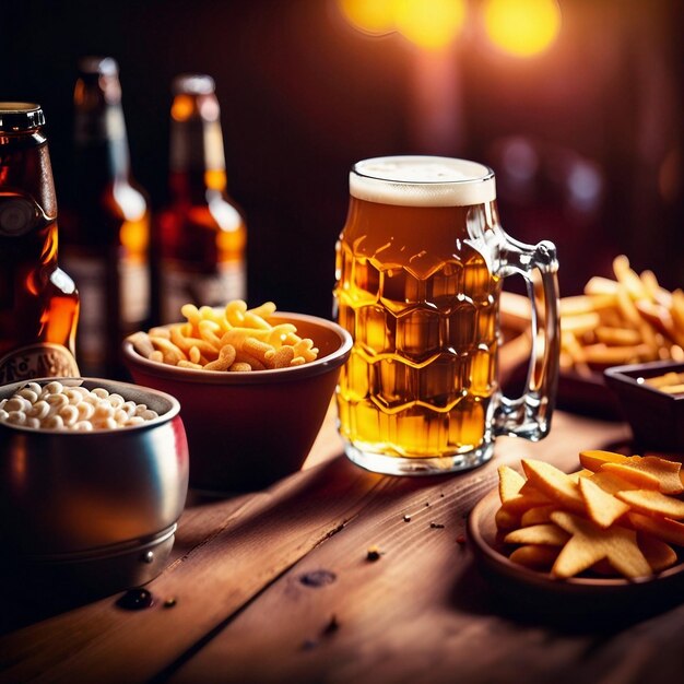 Bierkrug mit Snacks auf dem Holztisch