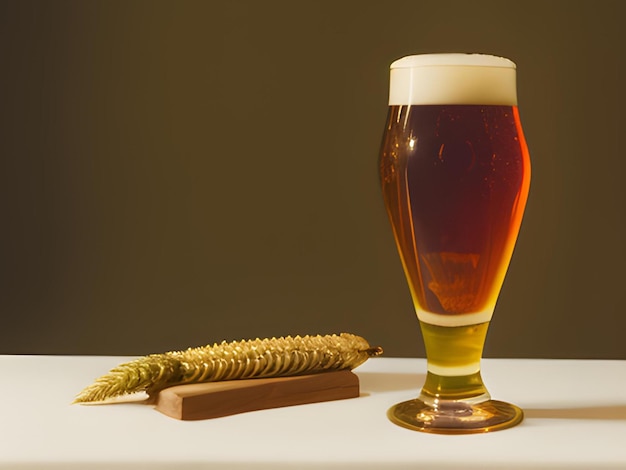 Bierkrug, Weizenähren, Hopfen und Bierfass auf einem hölzernen Hintergrund