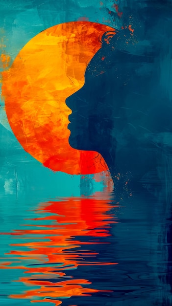 Bietet eine künstlerische Darstellung eines Silhouettenprofils gegen ein lebendiges orangefarbenes und blaues