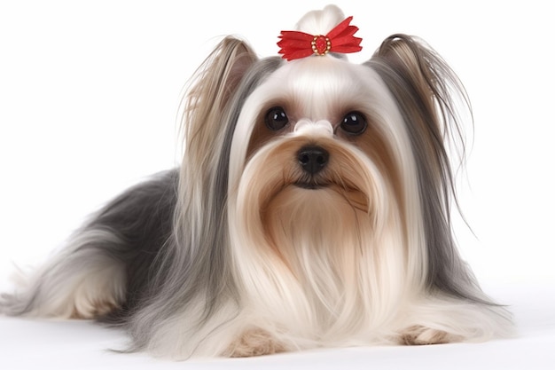 Biewer yorkshire terrier de 3 anos de idade em frente a um fundo branco