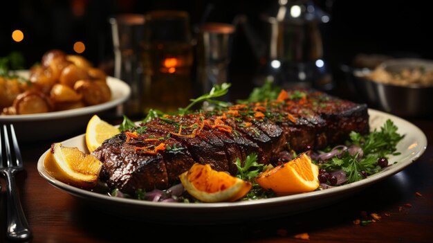 Bife apetitoso servido na mesa com salada de mexilhão IA generativa