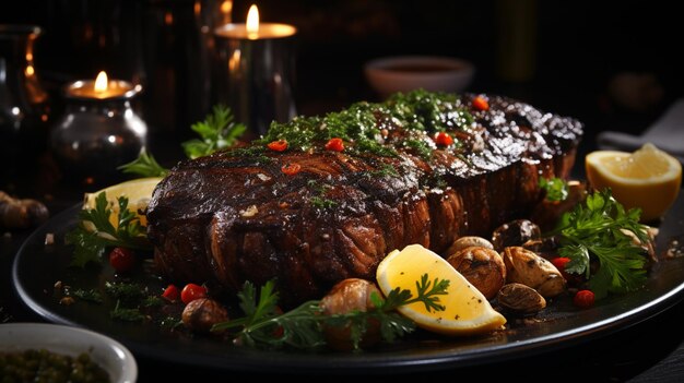 Bife apetitoso servido na mesa com salada de mexilhão IA generativa