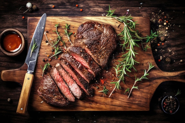 Bife bavette de churrasco americano tradicional com sal e pimenta servido em uma placa de design rústico