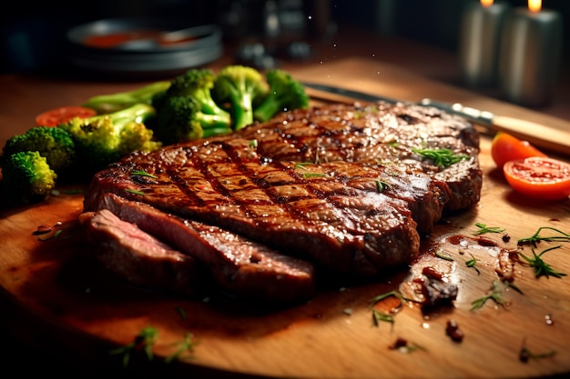 Bife bem frito Bife na chuva de madeira Jantar delicioso gerado por IA