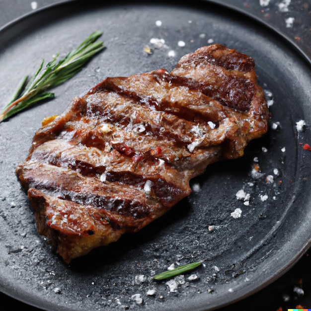 Foto bife com especiarias e sal no prato escuro