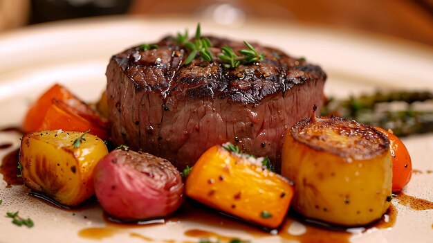 Bife com legumes assados em fundo de madeira