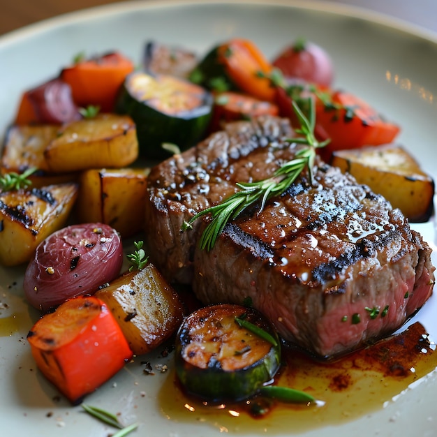 Bife com legumes assados em fundo de madeira