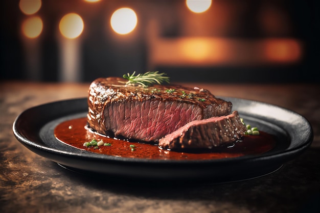 Bife com molho em um prato em um restaurante, fundo bonito. Gerado por IA