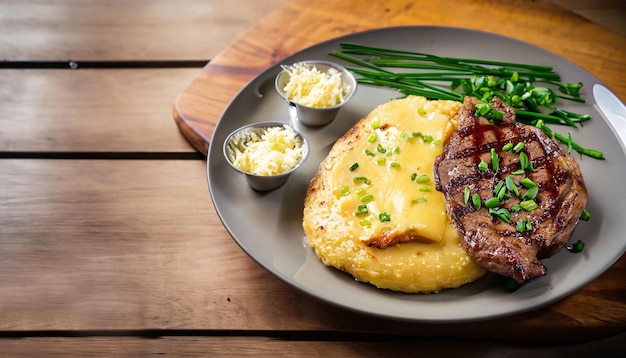 Bife com queijo e polenta de cebola no prato