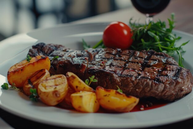 Bife com vegetais e batatas fritas