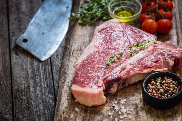 Bife cru com ervas frescas e óleo no fundo escuro de madeira