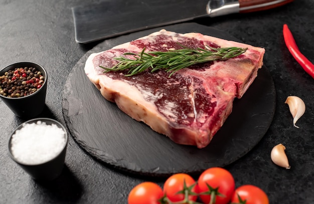 Bife cru com especiarias em um bife seco com fundo de pedra com espaço de cópia para o seu texto