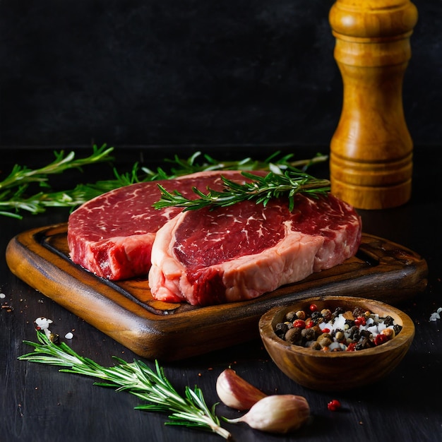 Foto bife cru de mármore em prancha de madeira em baixo nível