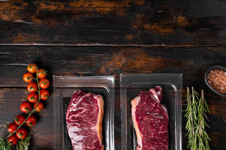 Foto bife cru em conjunto de pacotes, sobre fundo de mesa de madeira escura antiga, vista superior plana, com espaço de cópia para texto