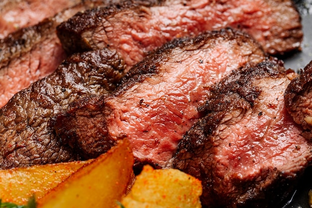 Bife de alcatra de carne de mármore meio raro com batatas e molho na placa de pedra closeup Foco seletivo