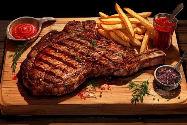 bife de arafe e batatas fritas em uma tábua de corte com ketchup e ketchup generativo ai