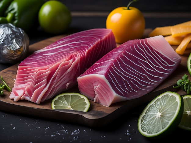 Bife de atum cru detalhado Carne rosa brilhante iluminada na tábua de cortar uma visão tentadora