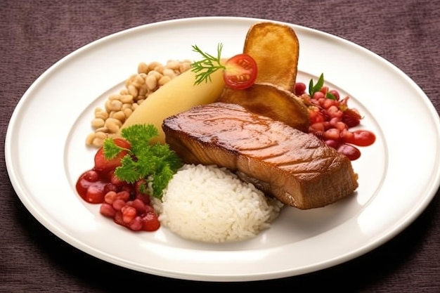 bife de carne com arroz plano com batatas fritas e feijão