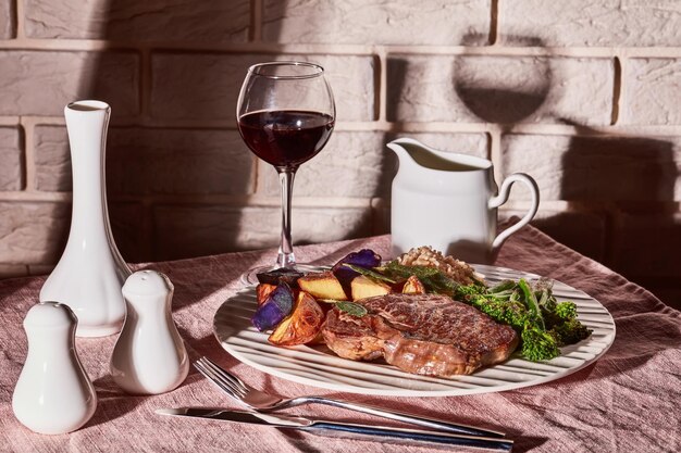 Foto bife de carne com brócolis e batatas