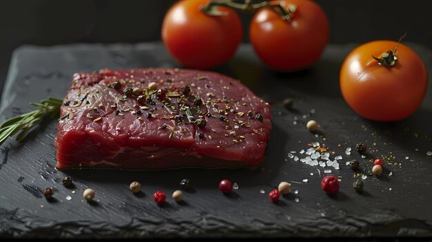 bife de carne crua com especiarias de romário e tomates em fundo preto