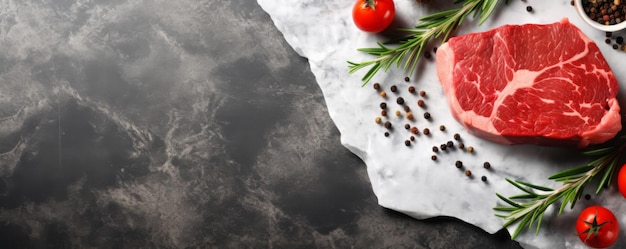 Bife de carne crua em luz de luxo mesa de pedra vista superior bandeira de comida Generative Ai