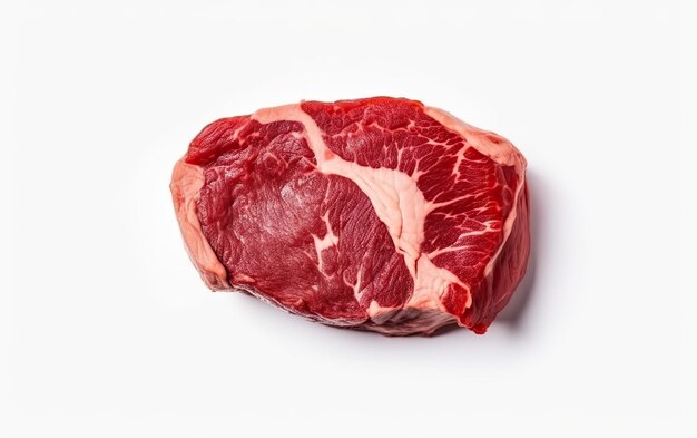 Bife de carne crua em um ângulo de visão superior de fundo branco generativo ai