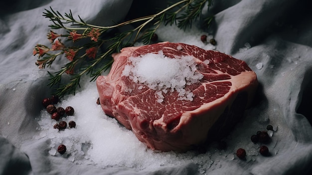 Bife de carne fresca crua IA generativa em cima da mesa com ervas e especiarias fecham cores suaves estéticas de foto macro