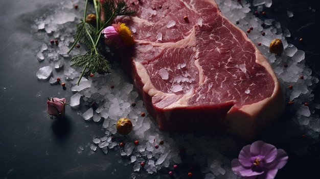 Bife de carne fresca crua IA generativa em cima da mesa com ervas e especiarias fecham cores suaves estéticas de foto macro