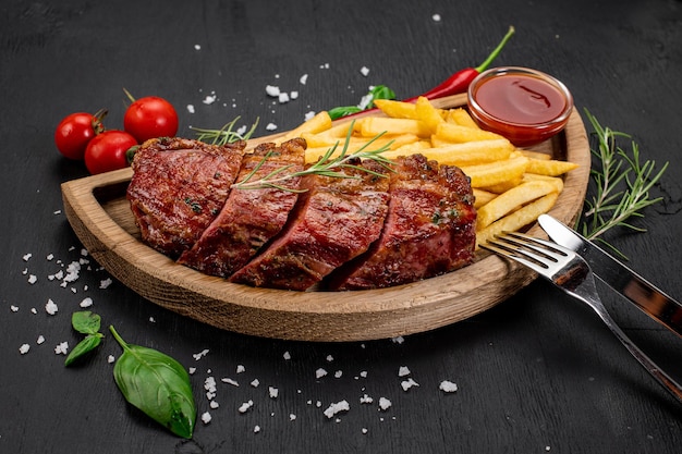 Bife de carne frita com batatas fritas e ketchup em fundo de madeira