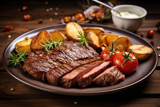 Bife de carne grelhada com batatas fritas e romário em prato em fundo de madeira