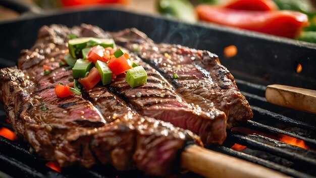 bife de carne grelhada com vegetais na grelha de churrasco