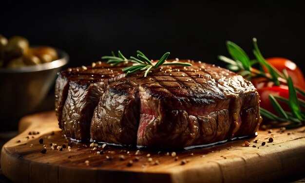 bife de carne grelhada médio raro bife em tábua de madeira foco selecionado